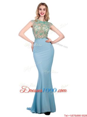 Best Selling Scoop Light Blue Sleeveless Sweep Train Beading With Train Homecoming Dress