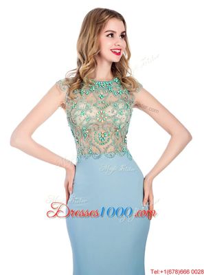 Best Selling Scoop Light Blue Sleeveless Sweep Train Beading With Train Homecoming Dress