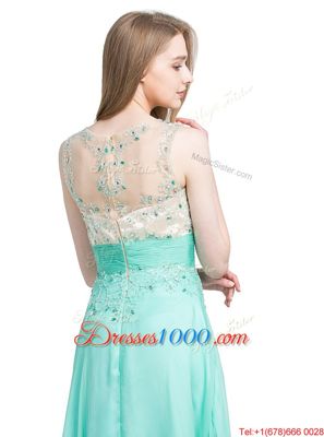 Turquoise Scoop Neckline Beading Evening Dress Sleeveless Zipper
