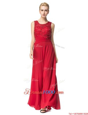 Noble Scoop Sleeveless Chiffon Floor Length Lace Up Prom Evening Gown in Red for with Beading and Ruching