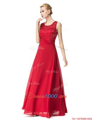 Noble Scoop Sleeveless Chiffon Floor Length Lace Up Prom Evening Gown in Red for with Beading and Ruching