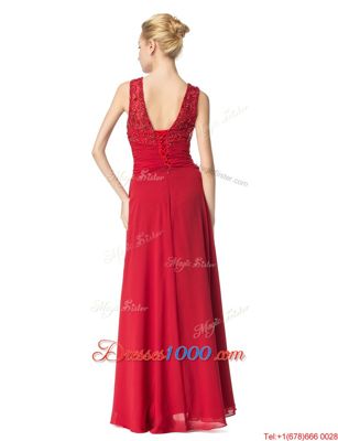 Noble Scoop Sleeveless Chiffon Floor Length Lace Up Prom Evening Gown in Red for with Beading and Ruching