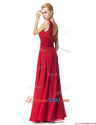 Noble Scoop Sleeveless Chiffon Floor Length Lace Up Prom Evening Gown in Red for with Beading and Ruching