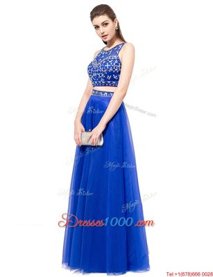 Comfortable Scoop Floor Length Two Pieces Sleeveless Royal Blue Prom Party Dress Lace Up