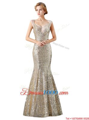 Mermaid Sleeveless Floor Length Sequins Zipper Juniors Evening Dress with Champagne