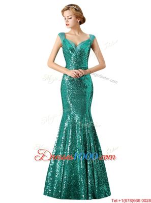 Mermaid Sleeveless Floor Length Sequins Zipper Juniors Evening Dress with Champagne