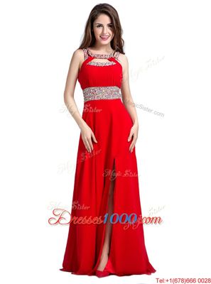 Suitable Silk Like Satin Square Sleeveless Zipper Beading Prom Gown in Red