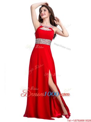 Suitable Silk Like Satin Square Sleeveless Zipper Beading Prom Gown in Red