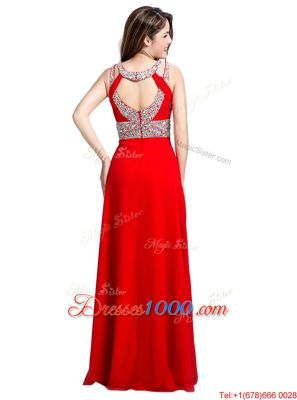 Suitable Silk Like Satin Square Sleeveless Zipper Beading Prom Gown in Red