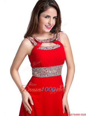 Suitable Silk Like Satin Square Sleeveless Zipper Beading Prom Gown in Red