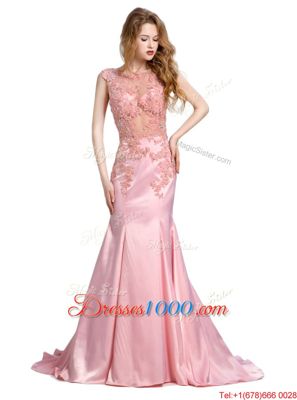 Mermaid Scoop Baby Pink Sleeveless Silk Like Satin Brush Train Backless for Prom and Party