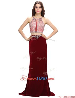 Burgundy Two Pieces Elastic Woven Satin Scoop Sleeveless Beading and Appliques With Train Criss Cross Prom Dress Sweep Train