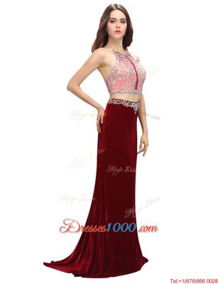 Burgundy Two Pieces Elastic Woven Satin Scoop Sleeveless Beading and Appliques With Train Criss Cross Prom Dress Sweep Train