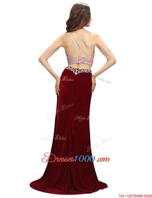 Burgundy Two Pieces Elastic Woven Satin Scoop Sleeveless Beading and Appliques With Train Criss Cross Prom Dress Sweep Train