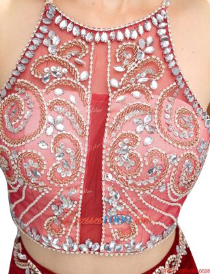 Burgundy Two Pieces Elastic Woven Satin Scoop Sleeveless Beading and Appliques With Train Criss Cross Prom Dress Sweep Train