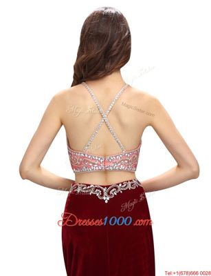 Burgundy Two Pieces Elastic Woven Satin Scoop Sleeveless Beading and Appliques With Train Criss Cross Prom Dress Sweep Train
