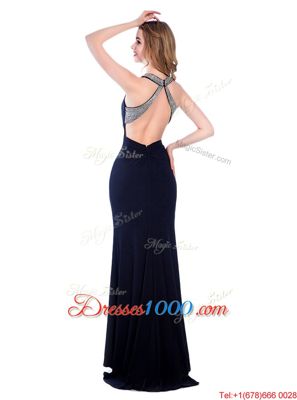Black Column/Sheath Beading Prom Dresses Criss Cross Silk Like Satin Sleeveless Floor Length