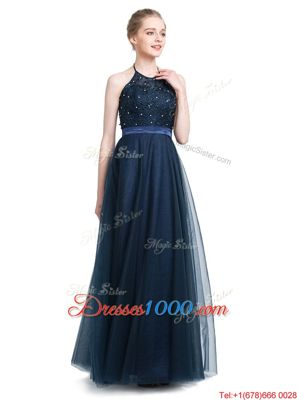 Dramatic Halter Top Floor Length Empire Sleeveless Navy Blue Prom Dress Zipper