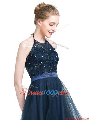 Dramatic Halter Top Floor Length Empire Sleeveless Navy Blue Prom Dress Zipper