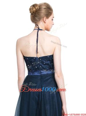 Dramatic Halter Top Floor Length Empire Sleeveless Navy Blue Prom Dress Zipper