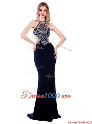 Navy Blue Prom Party Dress Prom and Party and For with Beading High-neck Sleeveless Sweep Train Criss Cross