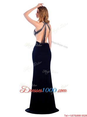 Navy Blue Prom Party Dress Prom and Party and For with Beading High-neck Sleeveless Sweep Train Criss Cross