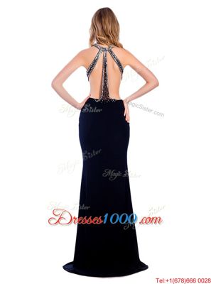 Navy Blue Prom Party Dress Prom and Party and For with Beading High-neck Sleeveless Sweep Train Criss Cross