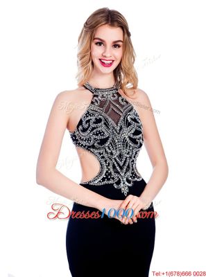 Navy Blue Prom Party Dress Prom and Party and For with Beading High-neck Sleeveless Sweep Train Criss Cross