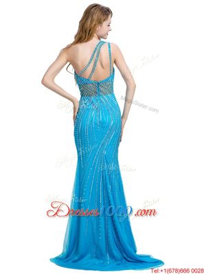 Brush Train Column/Sheath Prom Dresses Baby Blue One Shoulder Tulle Sleeveless With Train Zipper