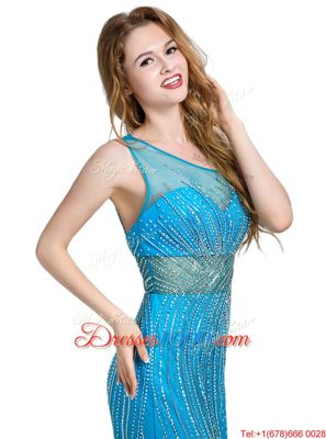 Brush Train Column/Sheath Prom Dresses Baby Blue One Shoulder Tulle Sleeveless With Train Zipper