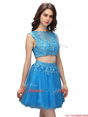 Mini Length Two Pieces Sleeveless Baby Blue Prom Dresses Zipper
