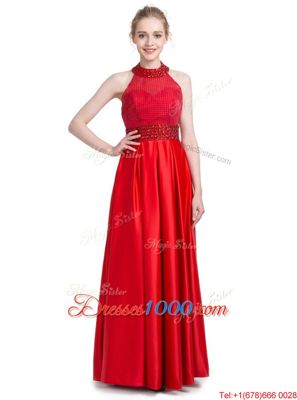 Superior Halter Top Red Sleeveless Taffeta Zipper Prom Dresses for Prom and Party