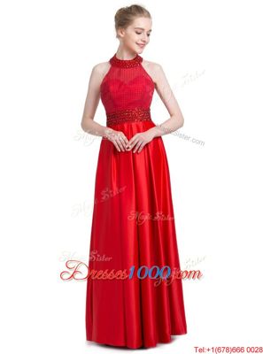 Superior Halter Top Red Sleeveless Taffeta Zipper Prom Dresses for Prom and Party