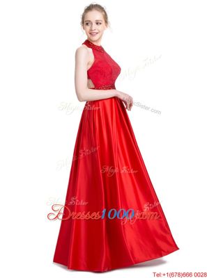 Superior Halter Top Red Sleeveless Taffeta Zipper Prom Dresses for Prom and Party