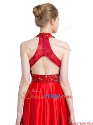 Superior Halter Top Red Sleeveless Taffeta Zipper Prom Dresses for Prom and Party