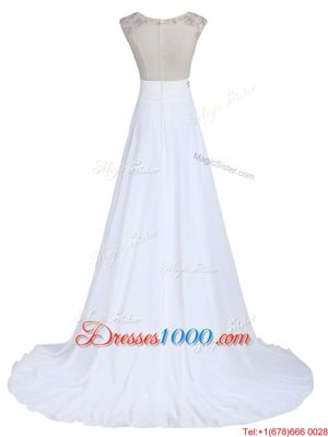 Scoop White Sleeveless With Train Beading Backless Prom Dresses