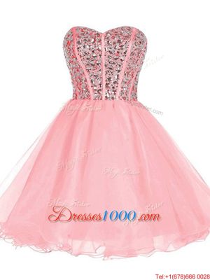 Customized Pink Organza Zipper Sweetheart Sleeveless Mini Length Cocktail Dresses Beading and Ruffled Layers