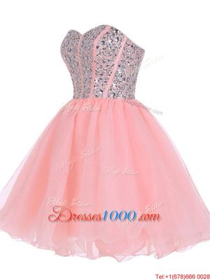Customized Pink Organza Zipper Sweetheart Sleeveless Mini Length Cocktail Dresses Beading and Ruffled Layers