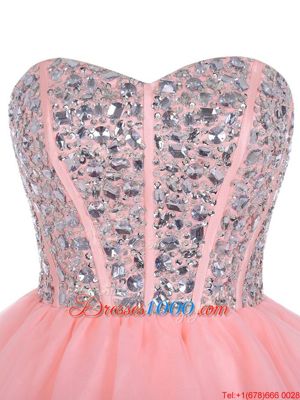 Customized Pink Organza Zipper Sweetheart Sleeveless Mini Length Cocktail Dresses Beading and Ruffled Layers