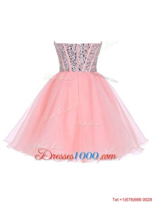 Customized Pink Organza Zipper Sweetheart Sleeveless Mini Length Cocktail Dresses Beading and Ruffled Layers