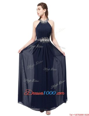 Decent Scoop Navy Blue Column/Sheath Beading Side Zipper Chiffon Sleeveless Floor Length