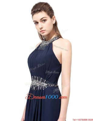 Decent Scoop Navy Blue Column/Sheath Beading Side Zipper Chiffon Sleeveless Floor Length