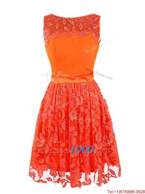 Scoop Sleeveless Mini Length Lace Zipper Prom Dresses with Orange Red