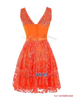 Scoop Sleeveless Mini Length Lace Zipper Prom Dresses with Orange Red