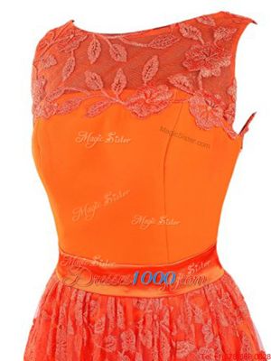 Scoop Sleeveless Mini Length Lace Zipper Prom Dresses with Orange Red