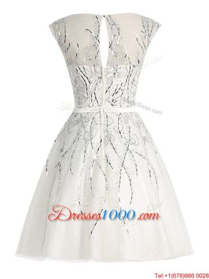 White Scoop Zipper Beading Prom Party Dress Cap Sleeves