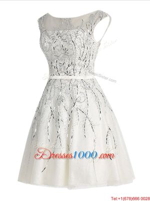 White Scoop Zipper Beading Prom Party Dress Cap Sleeves