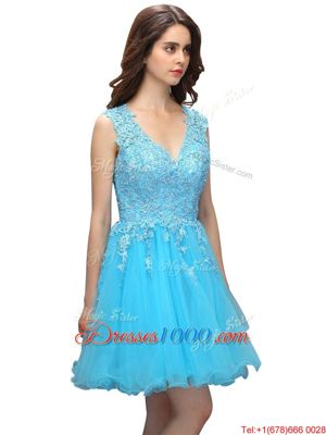 Fine Baby Blue Sleeveless Knee Length Beading and Appliques Backless Prom Dresses
