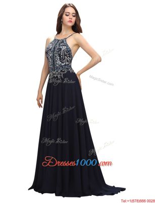 Most Popular Chiffon Spaghetti Straps Sleeveless Brush Train Zipper Beading Homecoming Dress in Black
