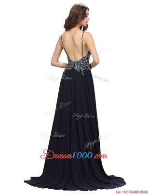 Most Popular Chiffon Spaghetti Straps Sleeveless Brush Train Zipper Beading Homecoming Dress in Black